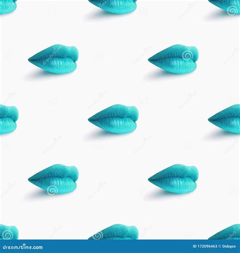 Seamless Pattern Light Blue Lips On White Background Close Female