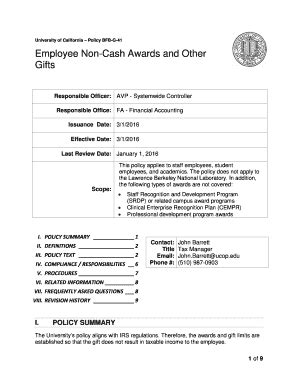 Fillable Online Policy Ucop Employee Non Cash Awards And Other Gifts