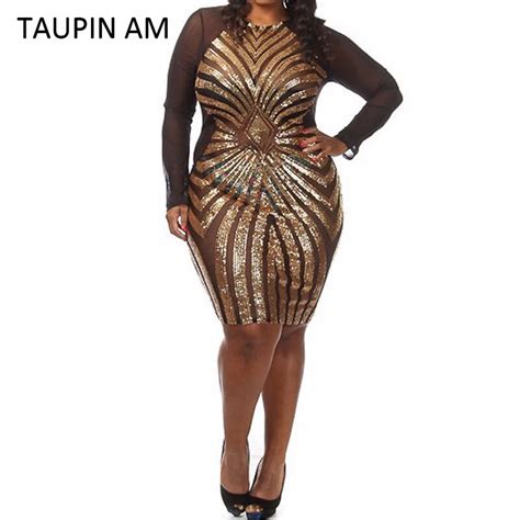 TAUPIN AM Plus Size Gold Sequin Dress Black Long Sleeve Mesh Club Party