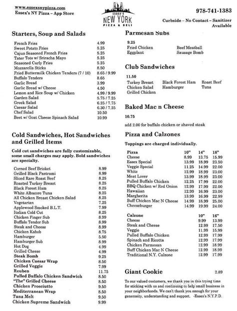 Menu Of Essex Pizza In Essex Ma 01929