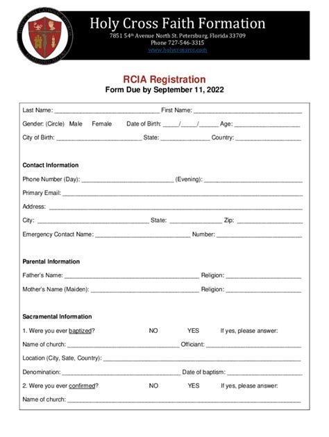 Fillable Online RCIA Registration Holy Cross Faith Formation Fax