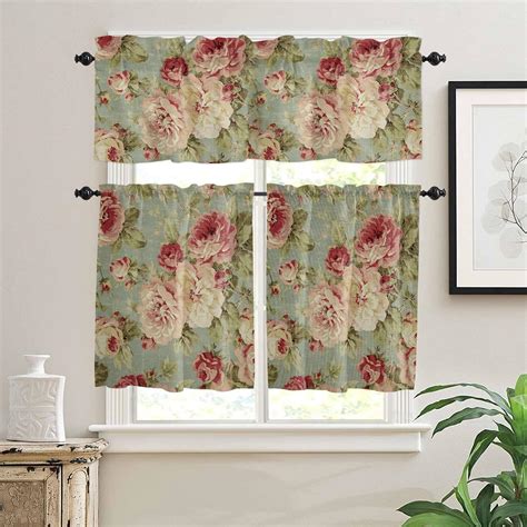 Amazon Yokou Piece Curtains Tiers And Valances Set Peony Flower