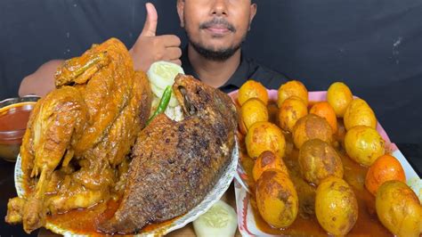 Eating Spicy Whole Chikhen Curry Telapia Fish Fry Egg Curry With Rice