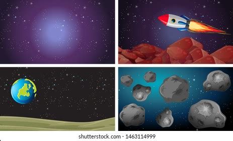 Vektor Stok Set Different Space Scenes Illustration Tanpa Royalti