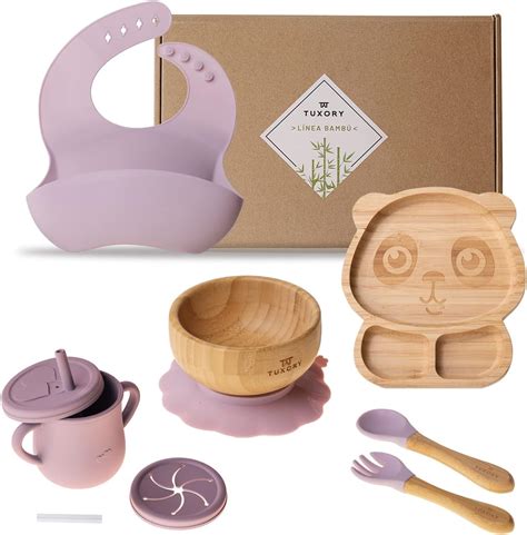 TUXORY Set platos de bambú para bebes y niños con base de silicón con