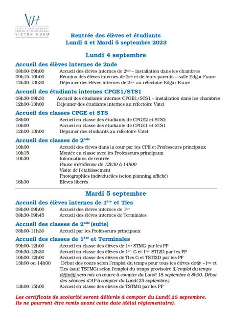 Rentrée des élèves et étudiants Lundi 4 et Mardi 5 septembre 2023