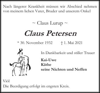 Traueranzeigen Von Claus Petersen Sh Z Trauer