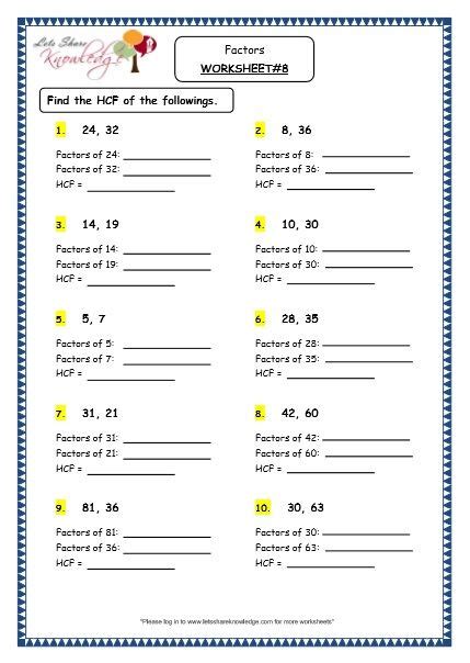 Grade 4 Maths Resources 19 Factors Printable Worksheets Printable