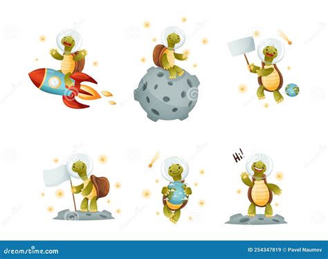 Space Adventures of Turtle Set. Funny Tortoise Traveling in Outer Space ...