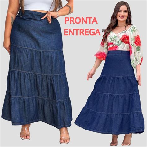 Saia Longa Plus Size Evangélica - Saia Jeans Longa feminina plus size cintura Alta moda evangélica cristã ...