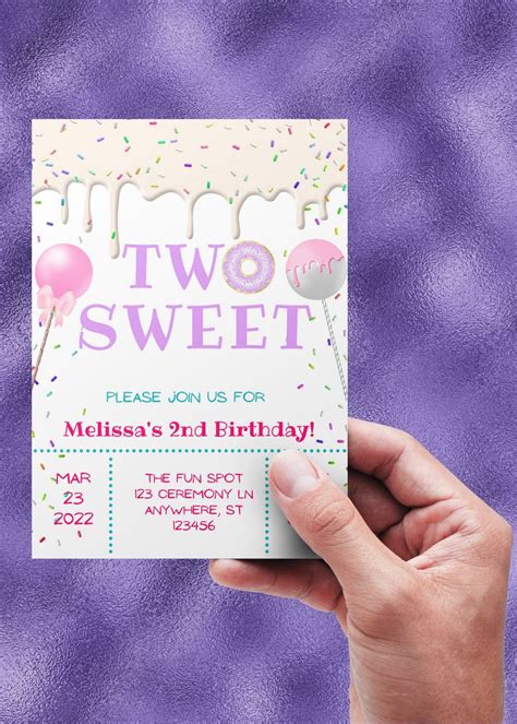 Editable Two Sweet Birthday Invitation Dripping Vanilla Etsy