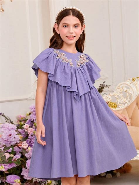 Violet Purple Cute Collar Short Sleeve Woven Fabric Floral Smock