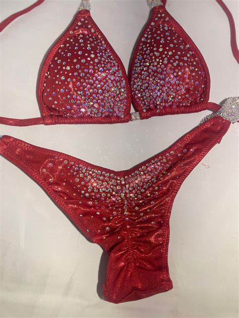 Red Competition Bikini Posing Suit Custom Made Rhinestone NPC IFBB Bikinis New Etsy