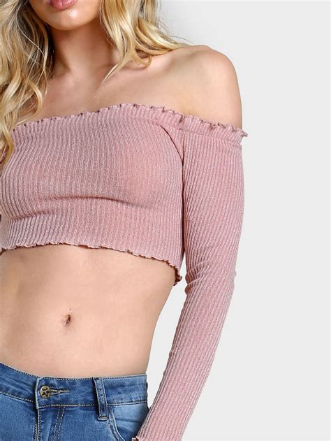 Shein Rib Knit Lettuce Edge Crop Bardot Top