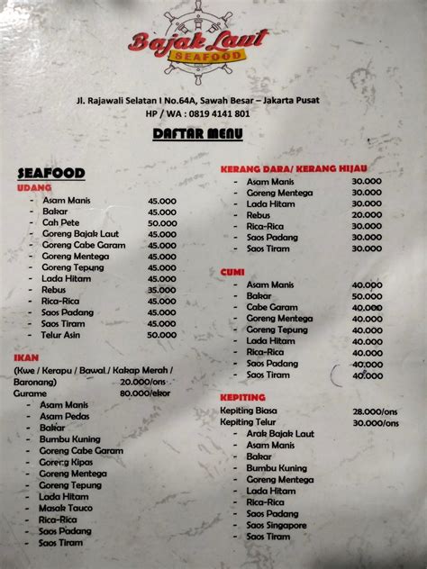 Menu At Bajak Laut Seafood Rajawali Restaurant Central Jakarta