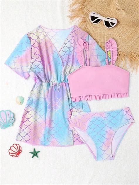 Shein Tween Girl Fish Scales Frill Trim Bikini Set With Cover Up Summer Beach Shein Usa