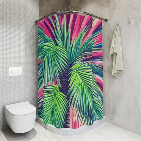 Neon Palm Trees Shower Curtain Ai Art Design Print Modern Bathroom