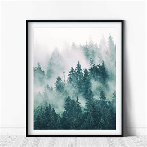 Foggy Pine Forest Nature Wall Art Misty Green Forest Print Etsy Canada