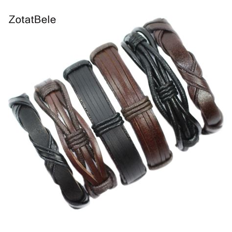 5pcs Vintage Leather Bracelets Black Multilayer Braid Wrap Bracelets