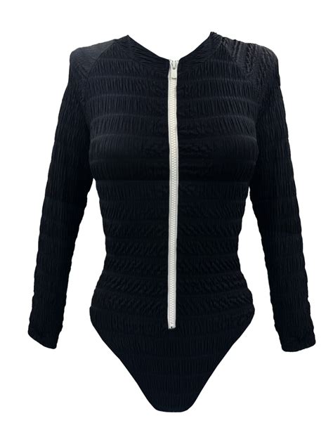 CRINKLED BLACK LONG SLEEVE ONE PIECE | Emma Swimwear