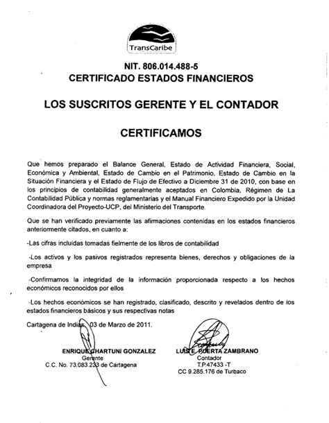 Los Suscritos Gerente Y El Contador Certificamos