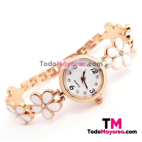 Reloj Rose Gold De Metal Caratula Con Diseño Dorada con Flores Blancas