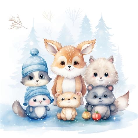 Premium AI Image | watercolor winter season with cute baby animals background