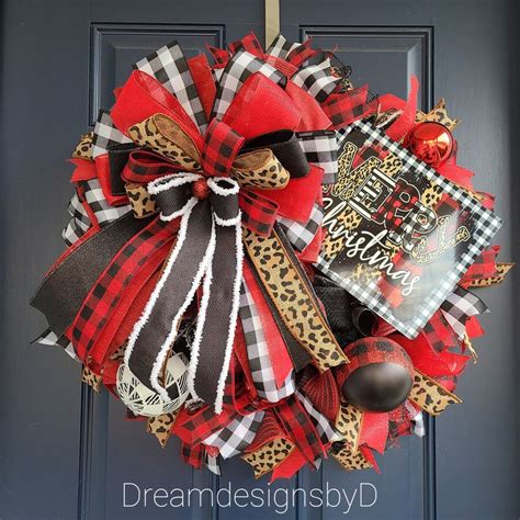 Buffalo Plaid And Leopard Print Merry Christmas Wreath Etsy In