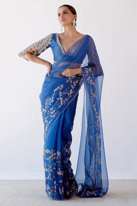 Buy Blue Silk Organza And Chanderi Embroidered Sequin Blunt V Neck