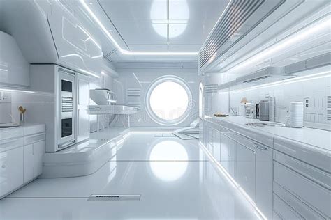 Futuristic White Space Station Style Interior of Kitchen Room Stock ...