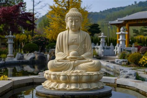 Serene White Buddha Statue Resting in a Tranquil Garden Setting Stock ...