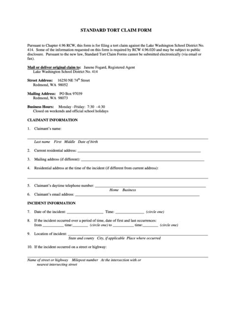 Standard Tort Claim Form Printable Pdf Download