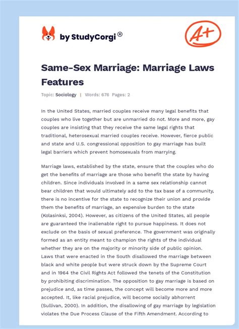 Same Sex Marriage Marriage Laws Features Free Essay Example