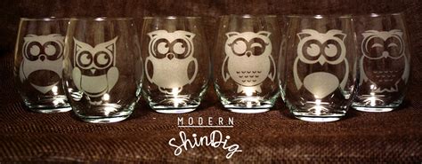 Owl Etched Glasses Stemless Or Standard Wine Glasses Set Of