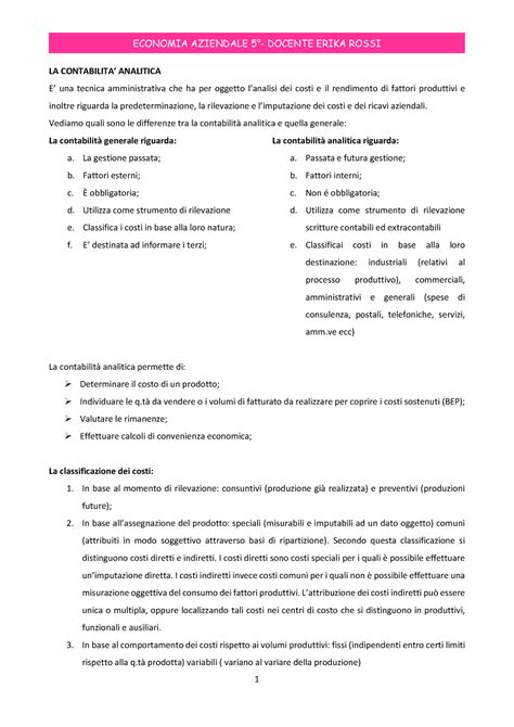 LA Contabilita Analitica 1 ECONOMIA AZIENDALE 5 DOCENTE ERIKA