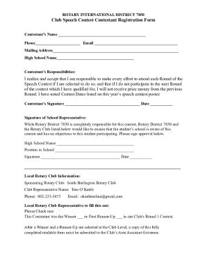 Fillable Online Club Speech Contest Contestant Registration Form Fax