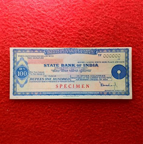 State Bank of India 100 Rupees Specimen Travellers Cheque Calcutta YF Series - BidCurios