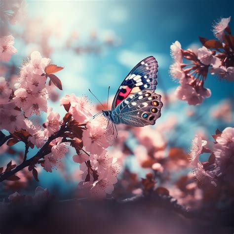 Un Papillon Est Assis Sur Une Branche Avec Des Fleurs Roses En Arri Re