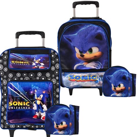 Kit Mochila Escolar Lancheira Estojo Rodinhas Sonic Menino