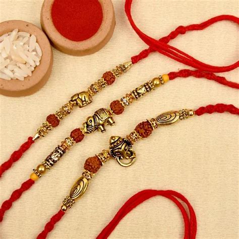 Red Tokenz Kc Ethnic Antique Gold Finish Set Of Rudraksh Rakhi