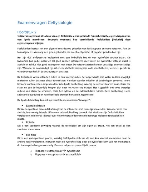 Examen 2019 Vragen En Antwoorden Examenvragen Celfysiologie