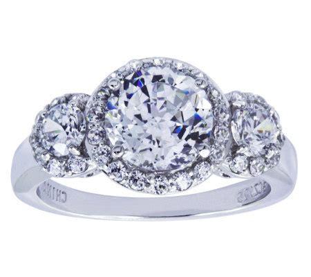 Diamonique Sterling Three-Stone Halo Ring — QVC.com