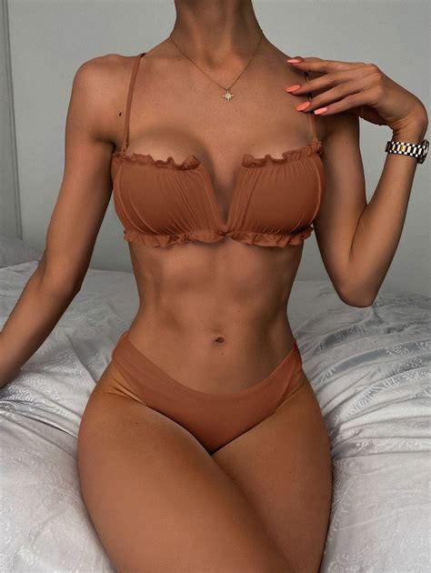 ZAFUL For Women Swimsuit V Notch Ribbed High Cut Bikini Swimwear Coffee