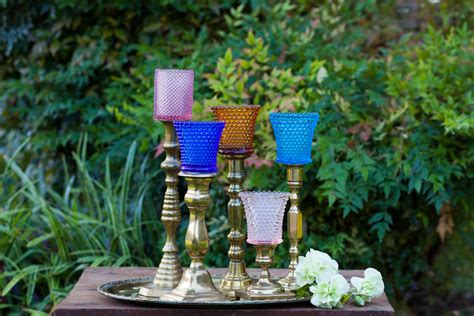 Brass Candlesticks With Colored Glass Votives “retro Style”