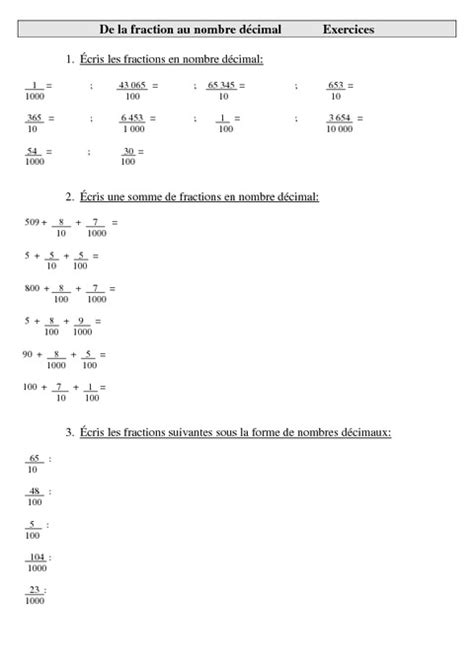 De La Fraction Au Nombre Décimal Cm2 Exercices Numération Cycle 3 Pass Education