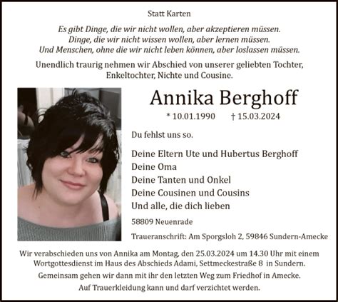 Traueranzeigen Von Annika Berghoff Trauer Nrw