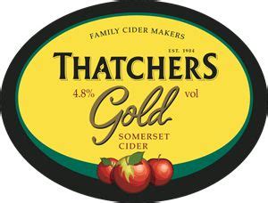 The Label For Thatcher S Gold Somerset Cider Is Shown In Black And Yellow