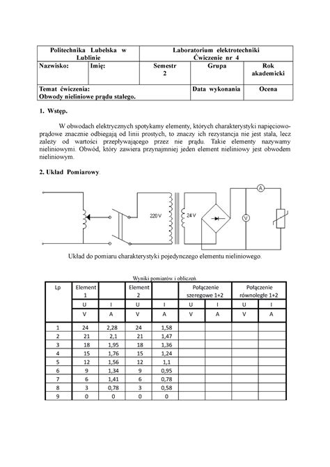 Sprawozdanie Obwody Nieliniowe Pr Du Sta Ego Politechnika Lubelska W