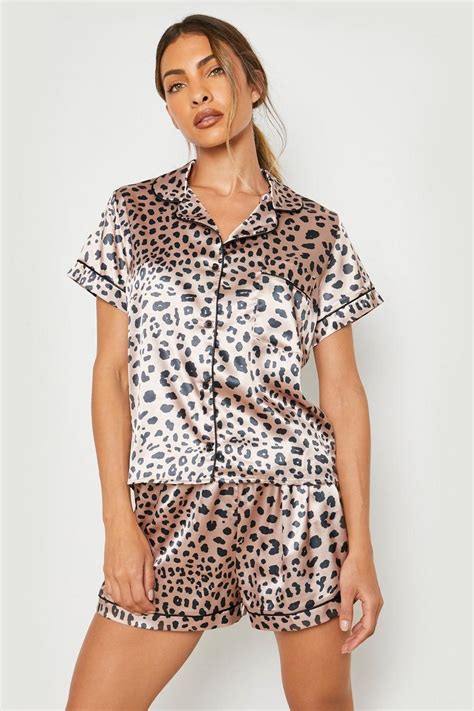 Leopard Print Satin Pajama Short Set Boohoo