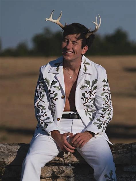 Barry Keoghan Saltburn Oliver Quick Green Leaf Embroidery White Jacket